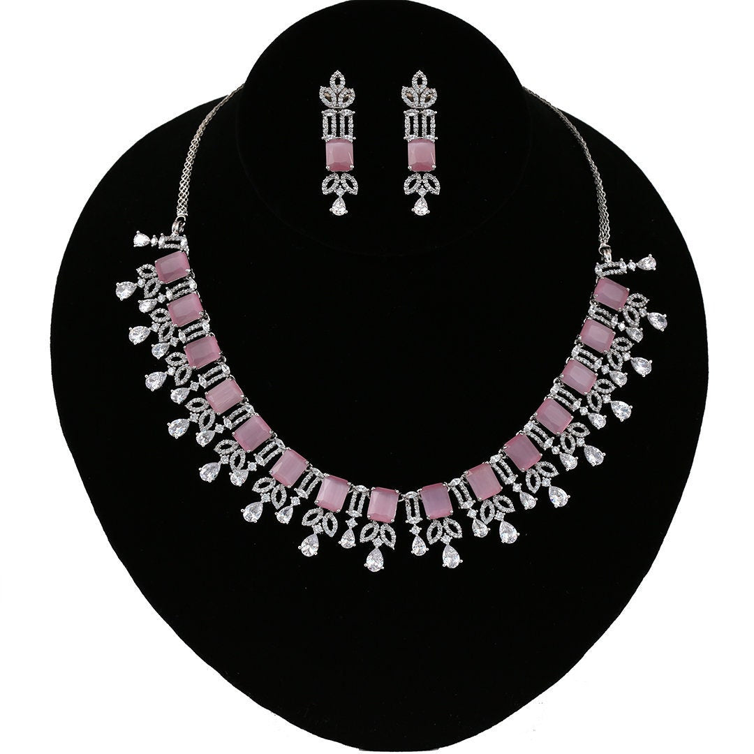 Emerald Cut AD American Diamonds Rhodium Plated Bridal Wedding Accessories|High Quality Fashion Jewelry