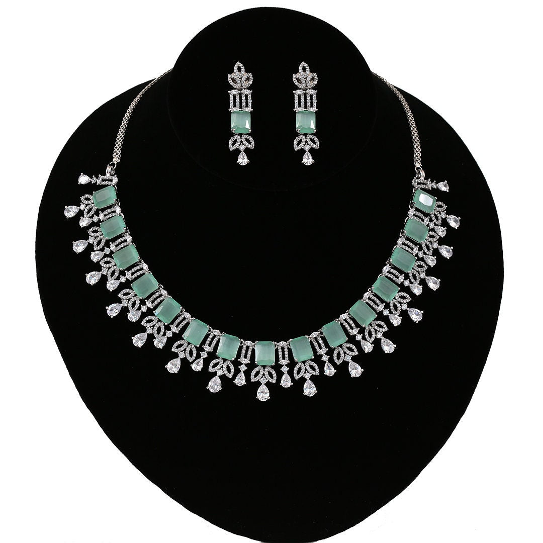 Emerald Cut AD American Diamonds Rhodium Plated Bridal Wedding Accessories|High Quality Fashion Jewelry