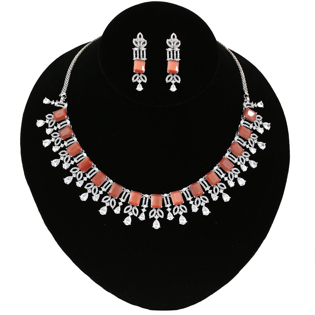 Emerald Cut AD American Diamonds Rhodium Plated Bridal Wedding Accessories|High Quality Fashion Jewelry