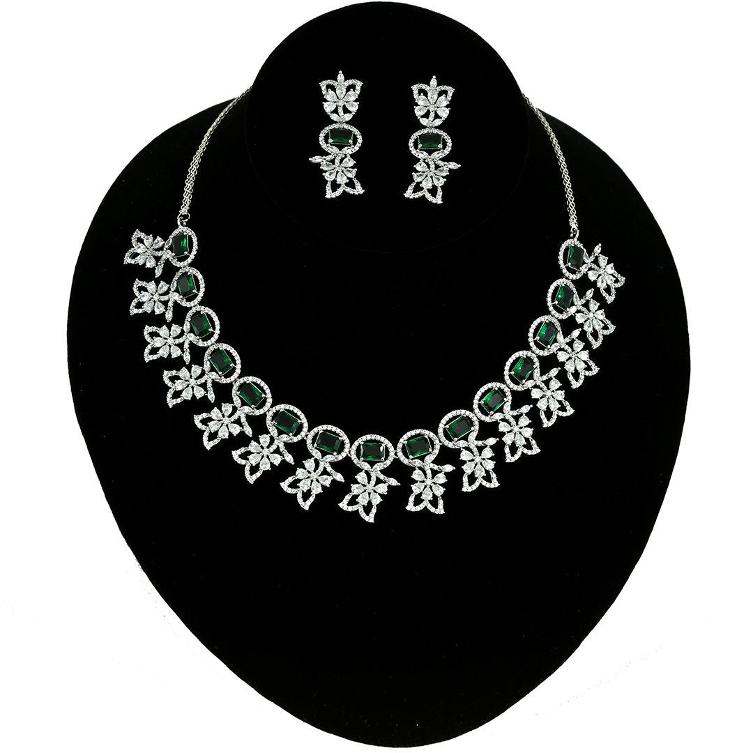 Rhodium Polished Diamond Style CZ Stone Studded Light Weight Necklace|Ladies Fashion American Diamond AD cubic zircon bridal jewelry