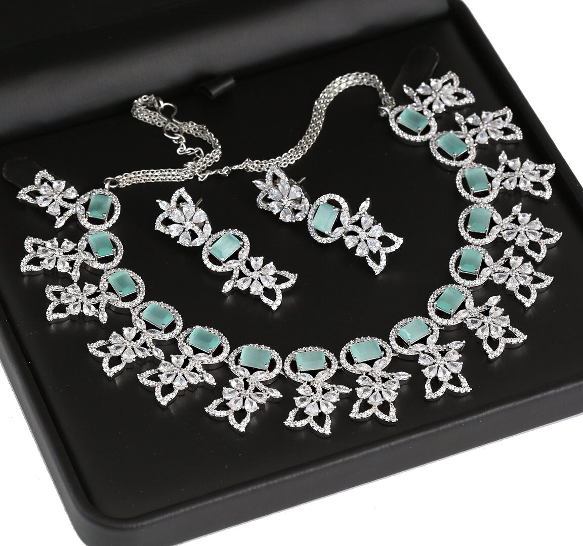 Rhodium Polished Diamond Style CZ Stone Studded Light Weight Necklace|Ladies Fashion American Diamond AD cubic zircon bridal jewelry