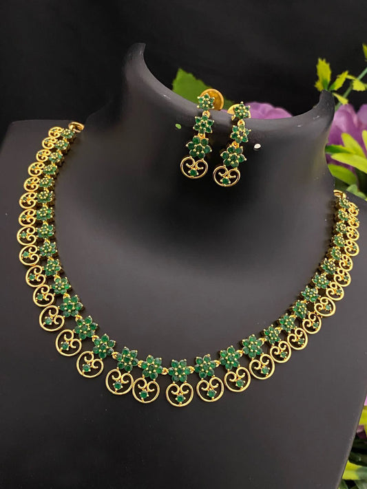 Gold Plated Green Stone Necklace Set| South Indian Floral Choker with Earrings| Lightweight Ethnic Jewelry for Saree & Wedding| Gift for her