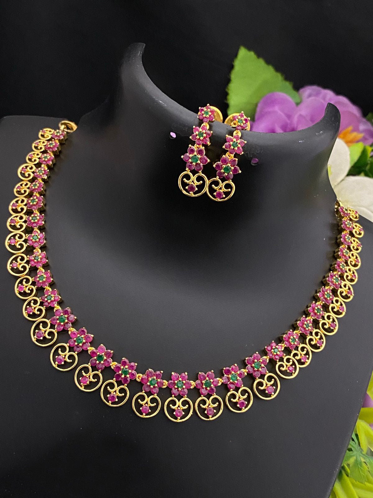 Gold Plated Green Stone Necklace Set| South Indian Floral Choker with Earrings| Lightweight Ethnic Jewelry for Saree & Wedding| Gift for her