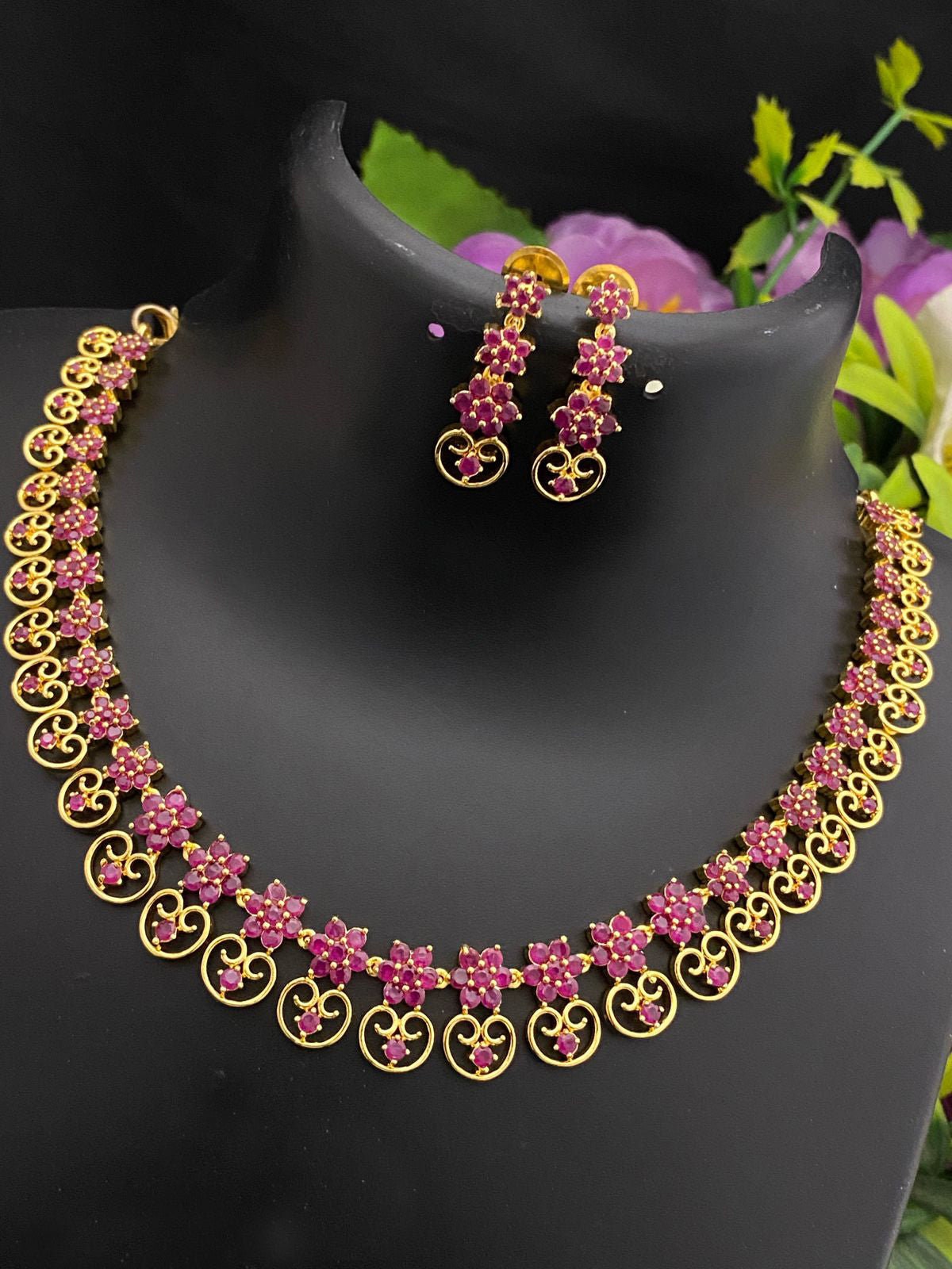 Gold Plated Green Stone Necklace Set| South Indian Floral Choker with Earrings| Lightweight Ethnic Jewelry for Saree & Wedding| Gift for her