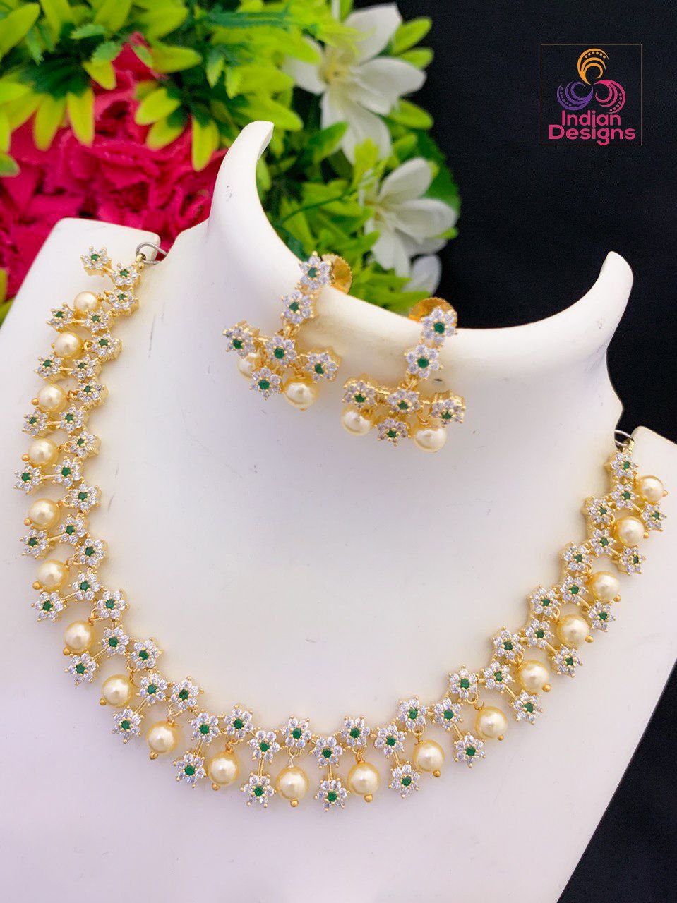 Gold Plated American Diamond Necklace crystal star design with Emerald, White CZ stones & Pearl Drops | Gift for her | CZ Diamond Necklace