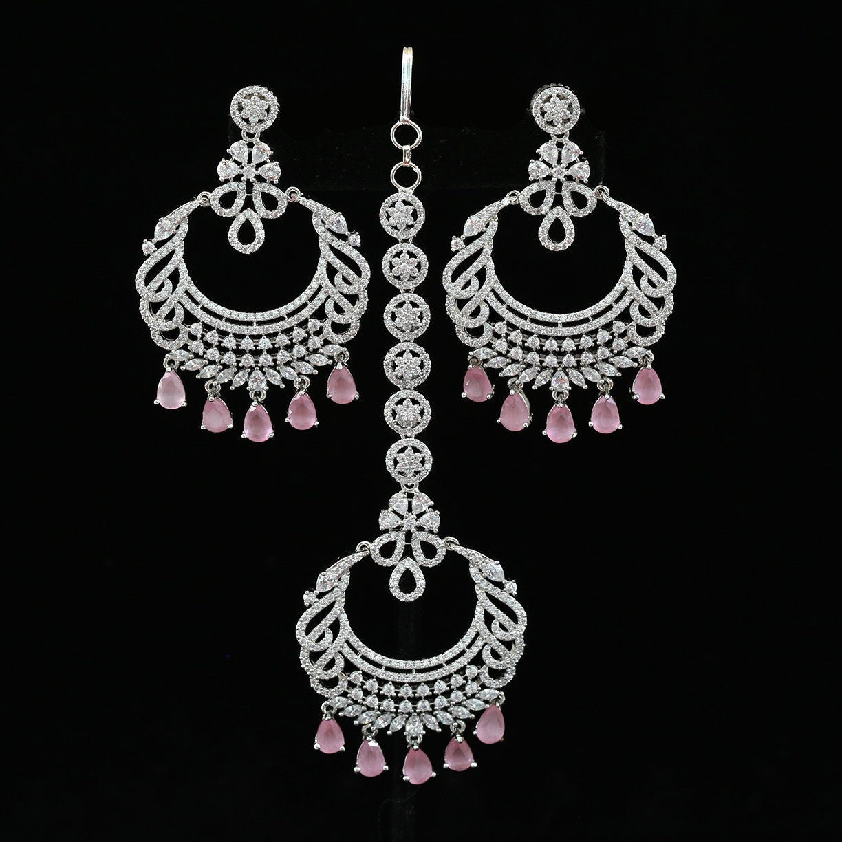 Silver chandbali earrings and maang Tikka | Indian earrings tikka set | American diamond jewelry jhumka earrings | punjabi earrings design