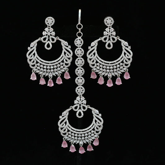 Silver chandbali earrings and maang Tikka | Indian earrings tikka set | American diamond jewelry jhumka earrings | punjabi earrings design