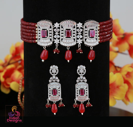 Beaded choker Silver Necklace with American diamond Pendant | Indian Bollywood choker Earring set | Wedding Jewelry necklace Indian Designs