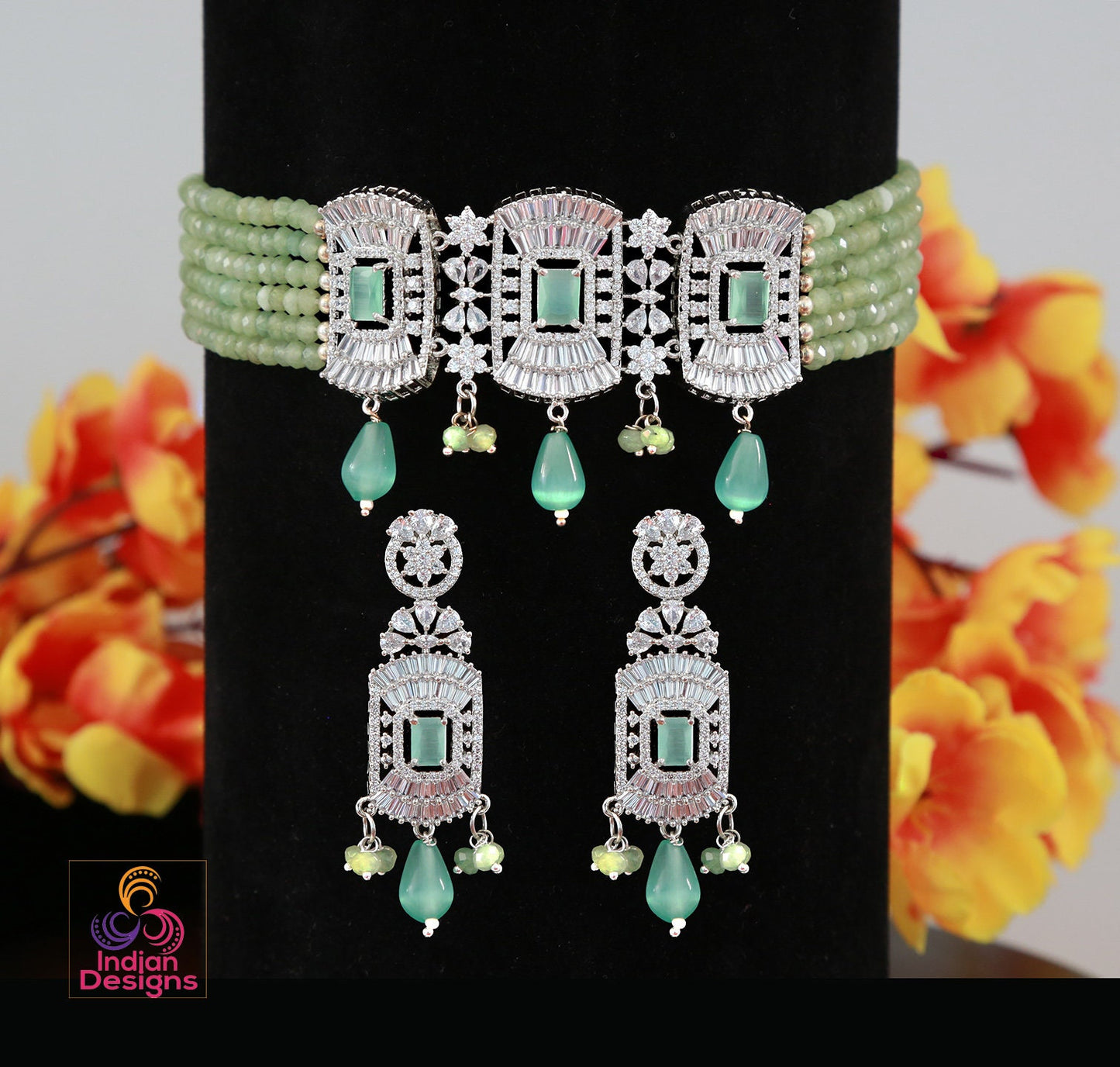 Beaded choker Silver Necklace with American diamond Pendant | Indian Bollywood choker Earring set | Wedding Jewelry necklace Indian Designs