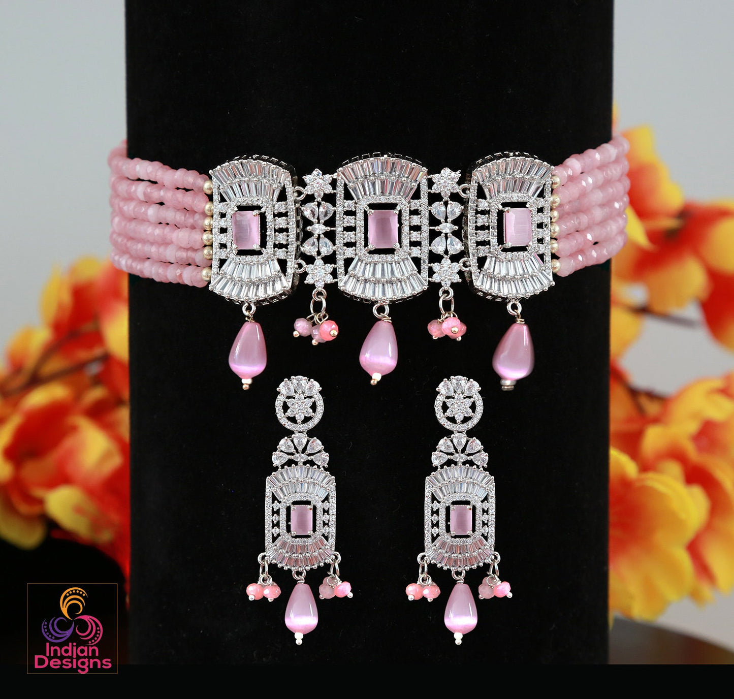 Beaded choker Silver Necklace with American diamond Pendant | Indian Bollywood choker Earring set | Wedding Jewelry necklace Indian Designs