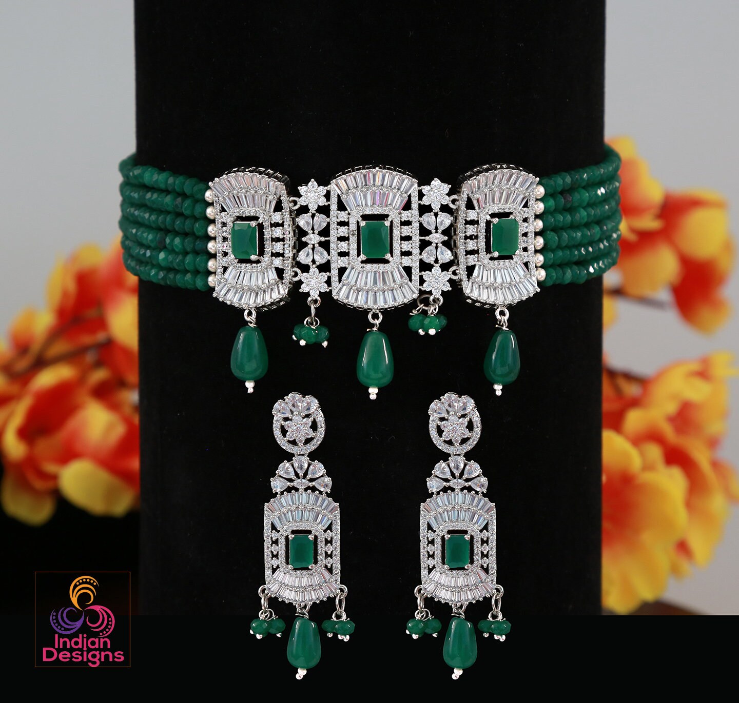 Beaded choker Silver Necklace with American diamond Pendant | Indian Bollywood choker Earring set | Wedding Jewelry necklace Indian Designs