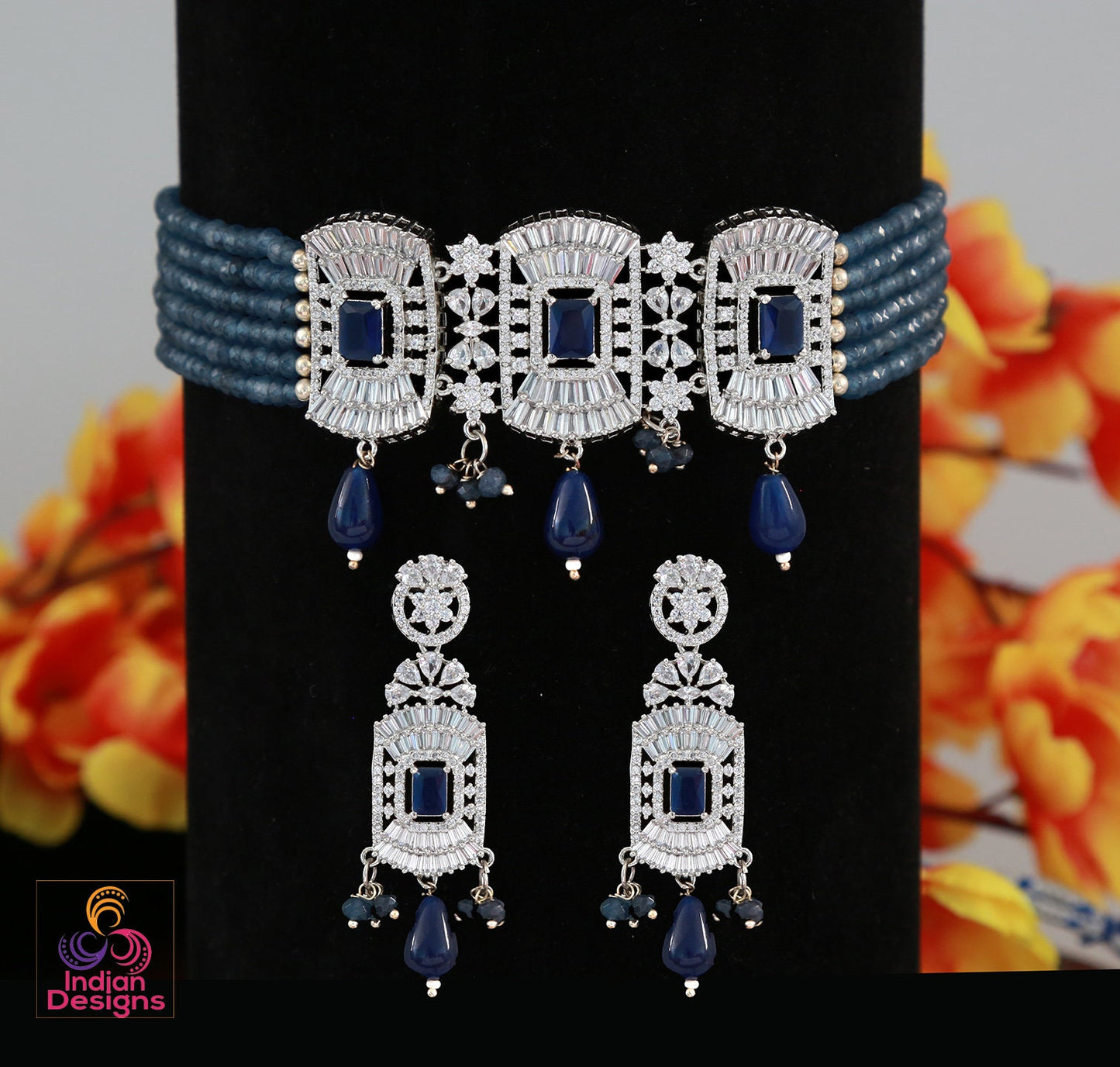 Beaded choker Silver Necklace with American diamond Pendant | Indian Bollywood choker Earring set | Wedding Jewelry necklace Indian Designs
