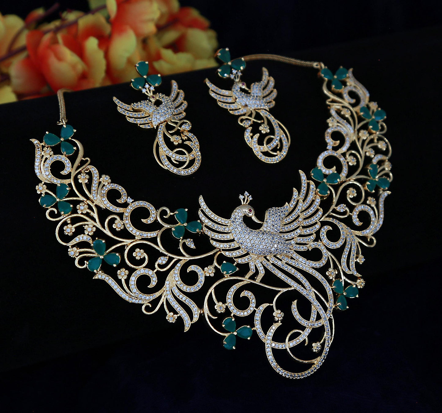 Phoenix Statement Necklace Set with Earrings| Gold Plated Wedding Bridal Jewelry| American Diamond Choker| Party Wear Choker| Indian Jewelry