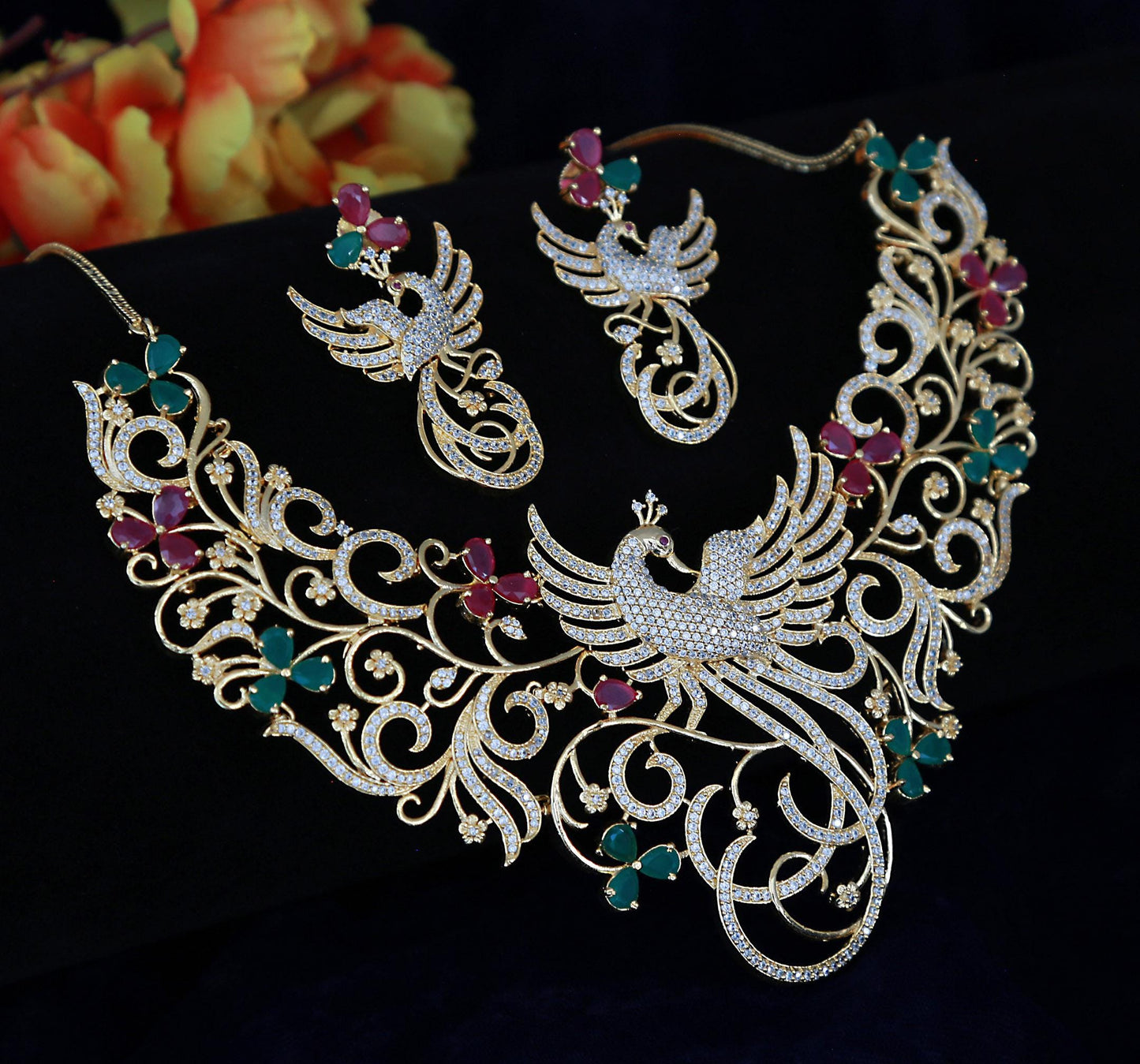 Phoenix Statement Necklace Set with Earrings| Gold Plated Wedding Bridal Jewelry| American Diamond Choker| Party Wear Choker| Indian Jewelry