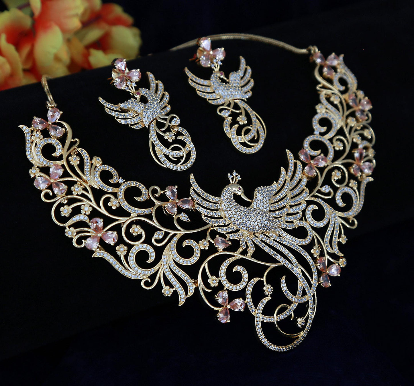 Phoenix Statement Necklace Set with Earrings| Gold Plated Wedding Bridal Jewelry| American Diamond Choker| Party Wear Choker| Indian Jewelry