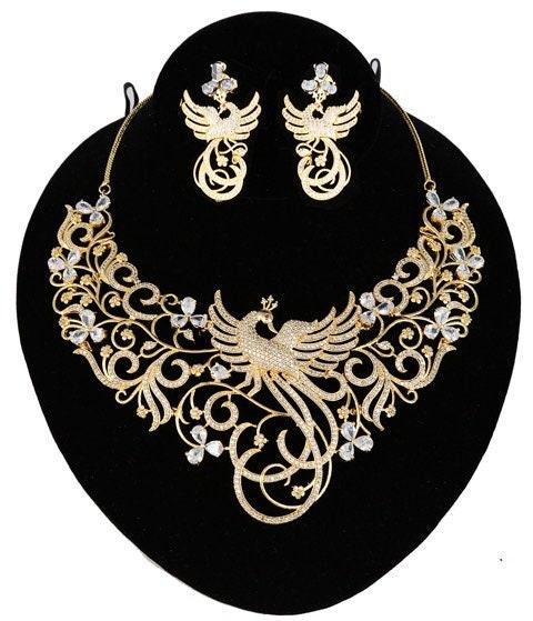 Phoenix Statement Necklace Set with Earrings| Gold Plated Wedding Bridal Jewelry| American Diamond Choker| Party Wear Choker| Indian Jewelry