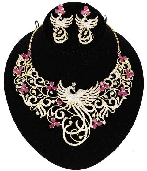 Phoenix Statement Necklace Set with Earrings| Gold Plated Wedding Bridal Jewelry| American Diamond Choker| Party Wear Choker| Indian Jewelry