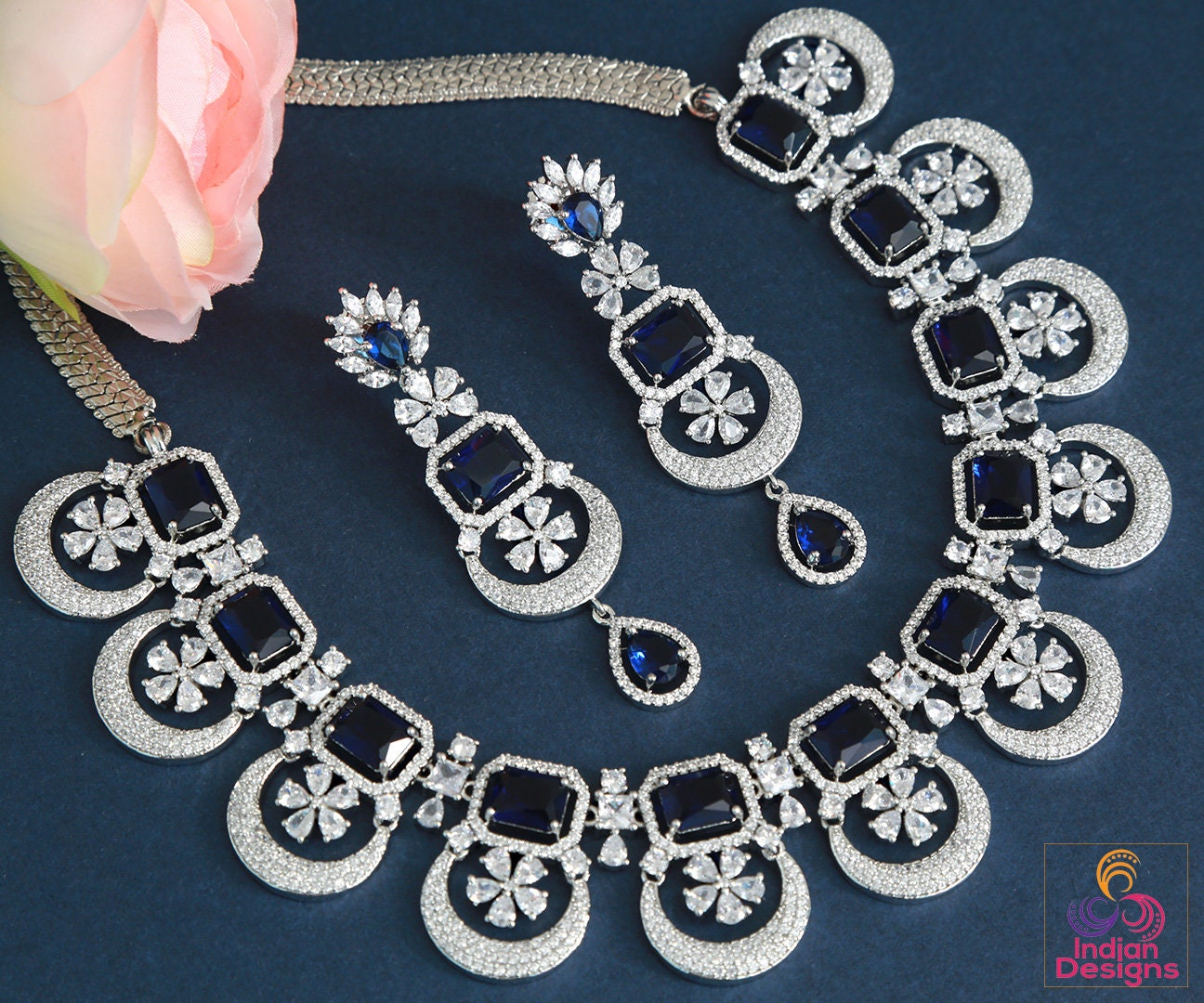 American diamond Silver necklace and Earring set| statement jewelry|Crescent moon and star necklace| Blue stone choker necklace|Gift for her