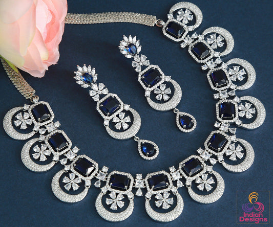 American diamond Silver necklace and Earring set| statement jewelry|Crescent moon and star necklace| Blue stone choker necklace|Gift for her
