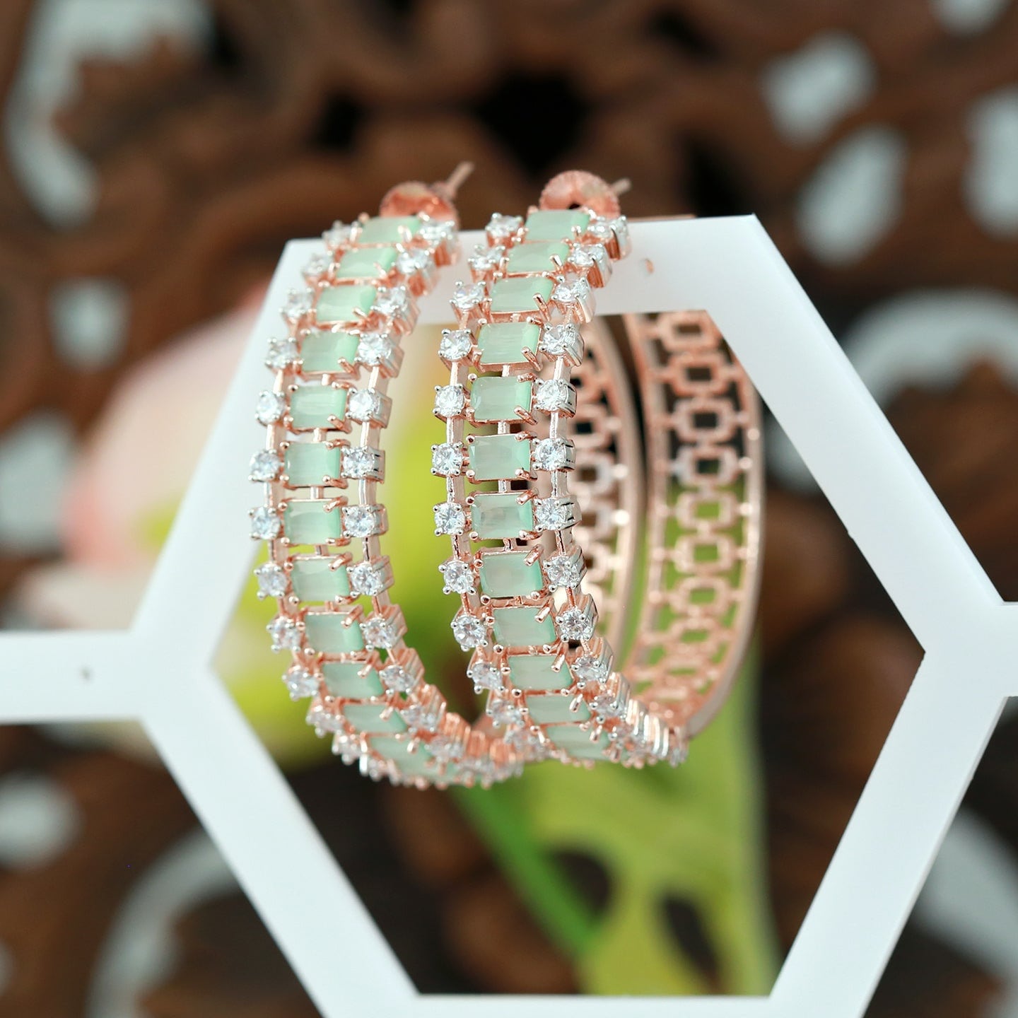 Rose Gold Large hoop earrings| Big hoop earrings with CZ diamonds| Mint Green CZ Crystal Hoop Earrings| Trendy Fashion large Hoop Earrings