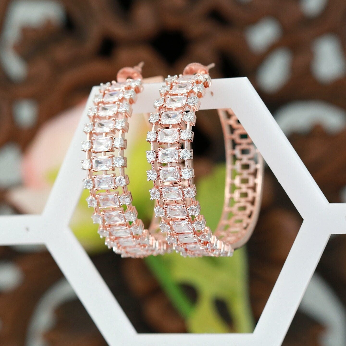 Rose Gold Large hoop earrings| Big hoop earrings with CZ diamonds| Mint Green CZ Crystal Hoop Earrings| Trendy Fashion large Hoop Earrings