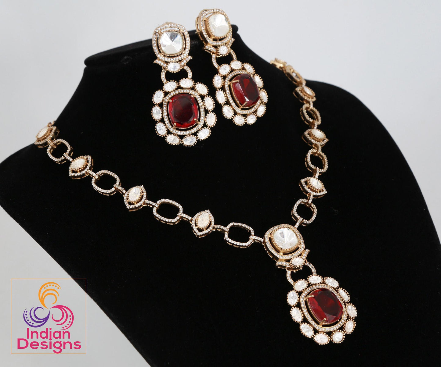 Dull Gold Doublet stone Moissanite Polki Kundan Necklace set|Sabyasachi Inspired Jewelry| American Diamond Statement Necklace| Gift for her