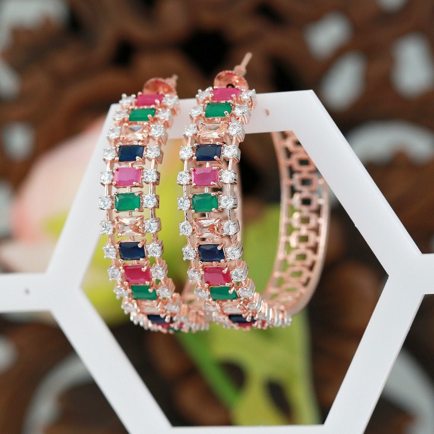 Rose Gold Large hoop earrings| Big hoop earrings with CZ diamonds| Mint Green CZ Crystal Hoop Earrings| Trendy Fashion large Hoop Earrings