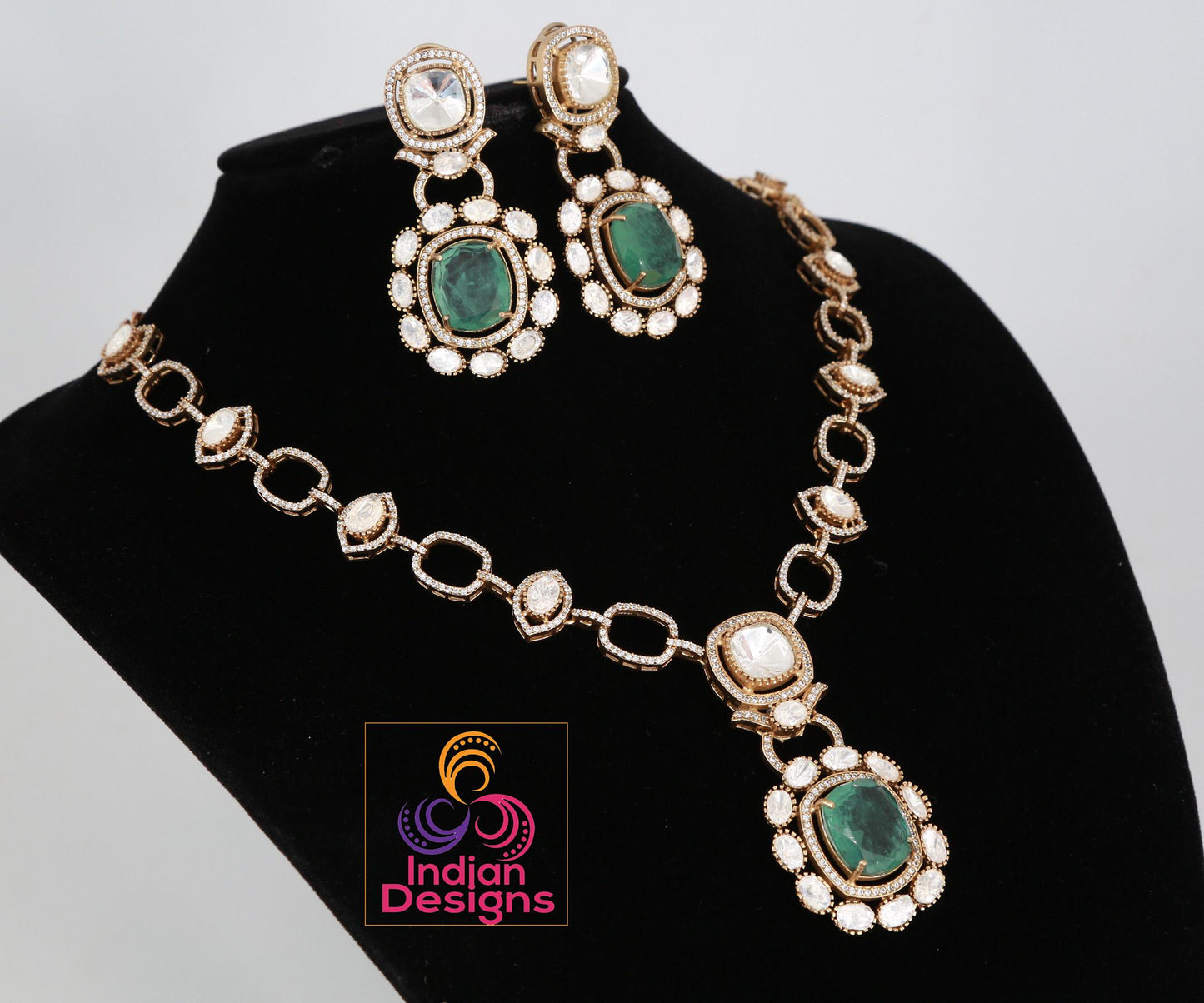 Dull Gold Doublet stone Moissanite Polki Kundan Necklace set|Sabyasachi Inspired Jewelry| American Diamond Statement Necklace| Gift for her