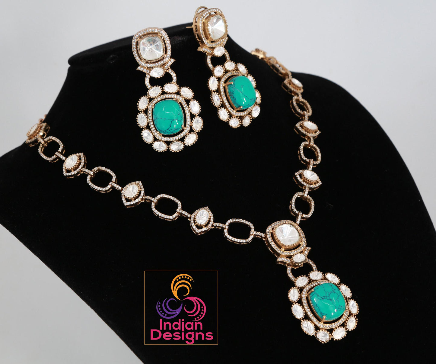 Dull Gold Doublet stone Moissanite Polki Kundan Necklace set|Sabyasachi Inspired Jewelry| American Diamond Statement Necklace| Gift for her