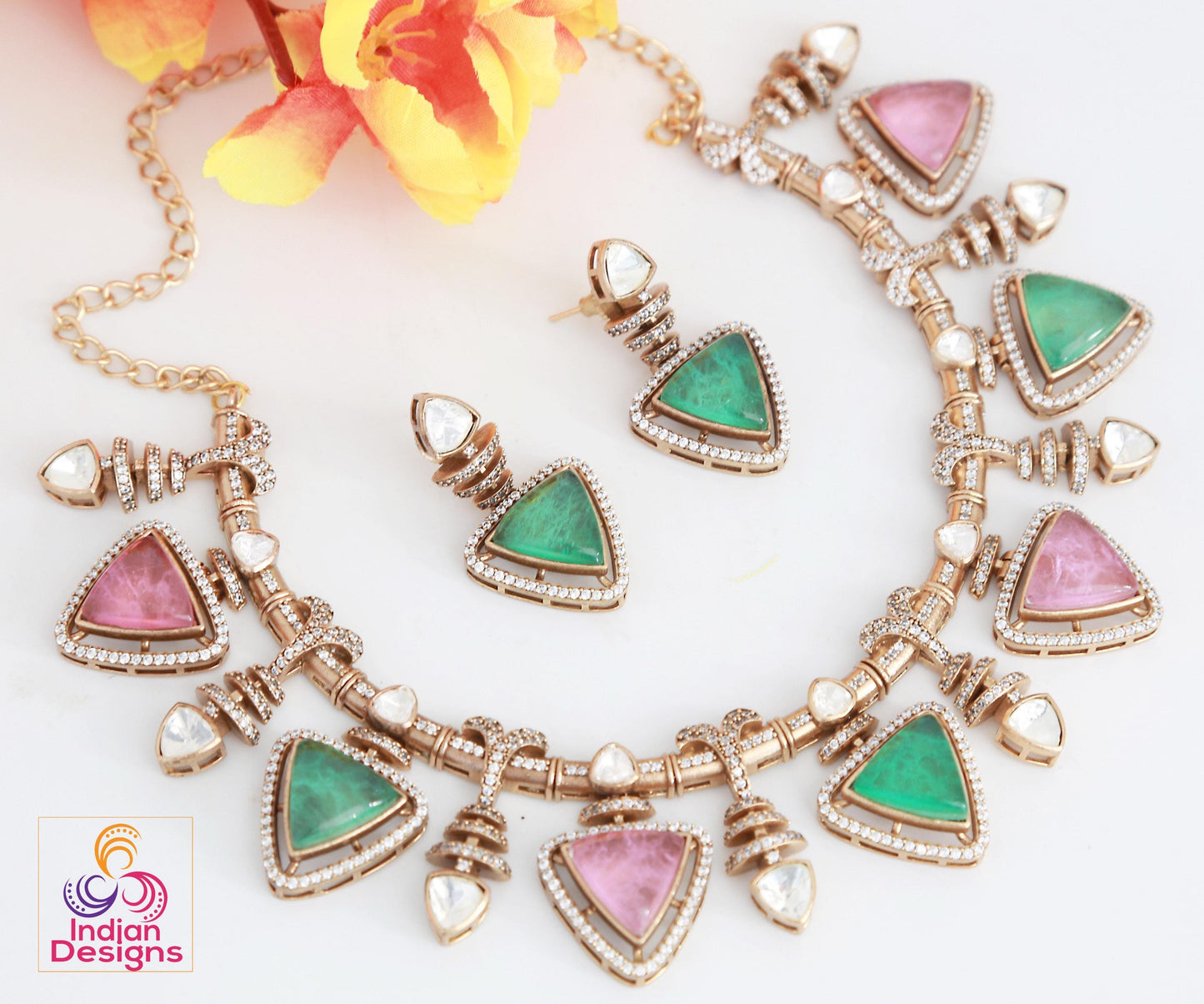 Pink Doublet and Moissanite Stone Necklace & Earring Set| Victorian Gold Purple Kundan Sabyasachi Inspired Jewelry| Statement necklace set