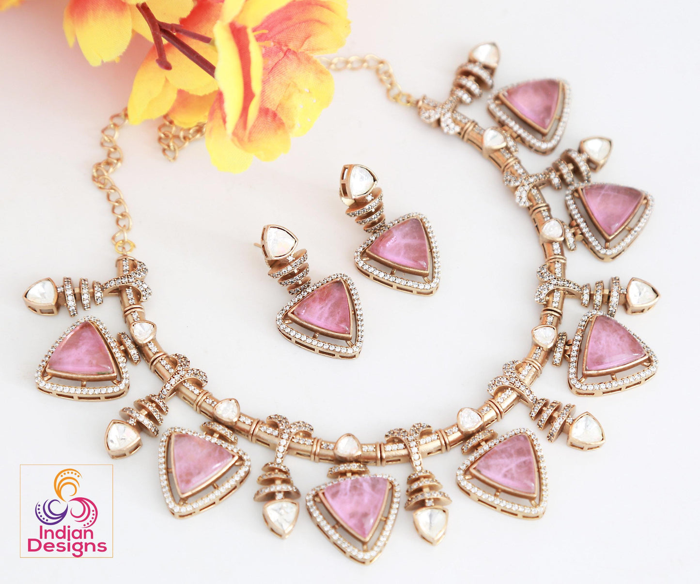 Pink Doublet and Moissanite Stone Necklace & Earring Set| Victorian Gold Purple Kundan Sabyasachi Inspired Jewelry| Statement necklace set