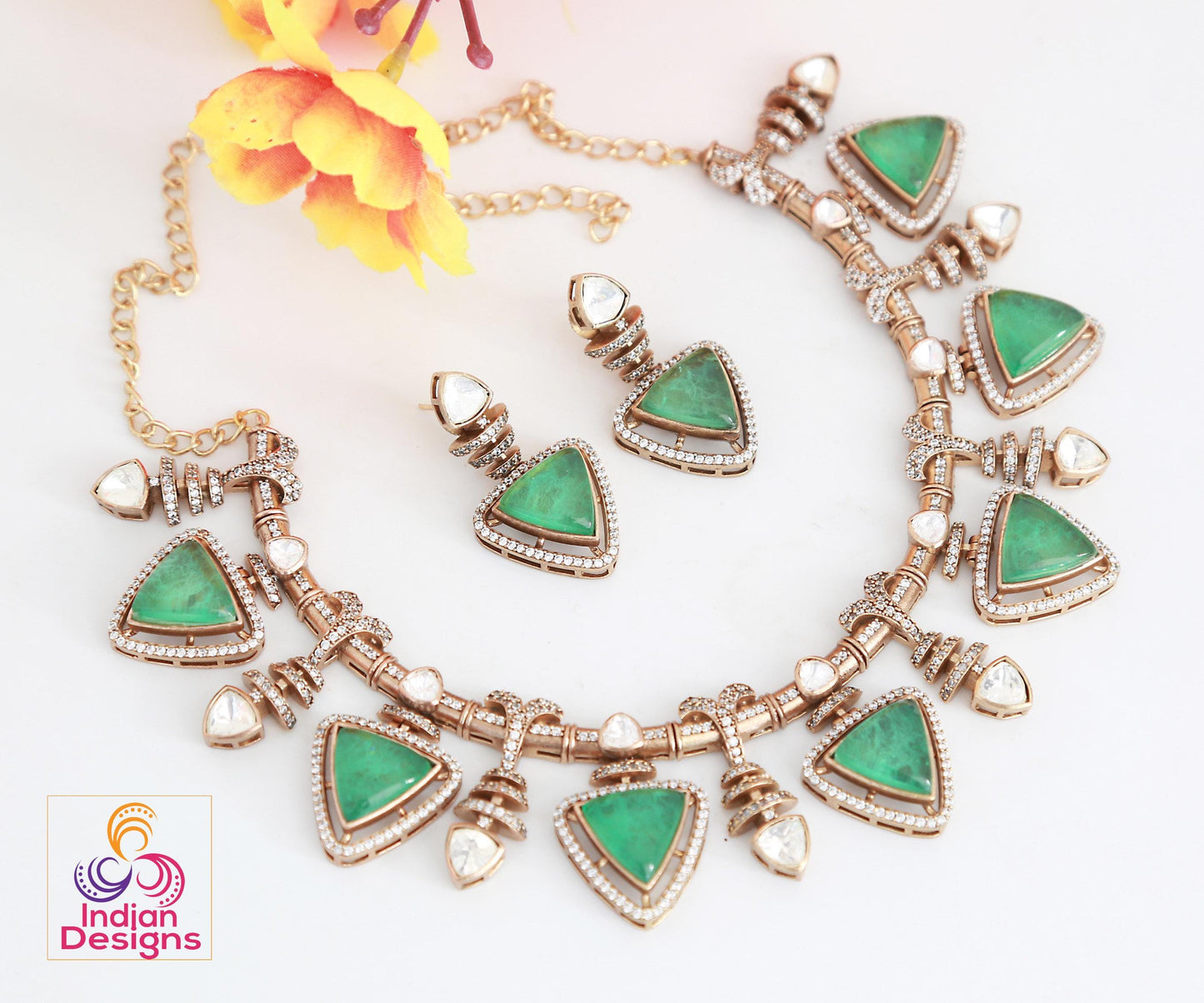 Pink Doublet and Moissanite Stone Necklace & Earring Set| Victorian Gold Purple Kundan Sabyasachi Inspired Jewelry| Statement necklace set