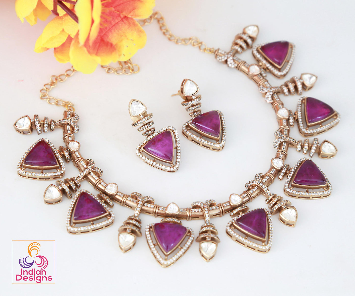 Pink Doublet and Moissanite Stone Necklace & Earring Set| Victorian Gold Purple Kundan Sabyasachi Inspired Jewelry| Statement necklace set