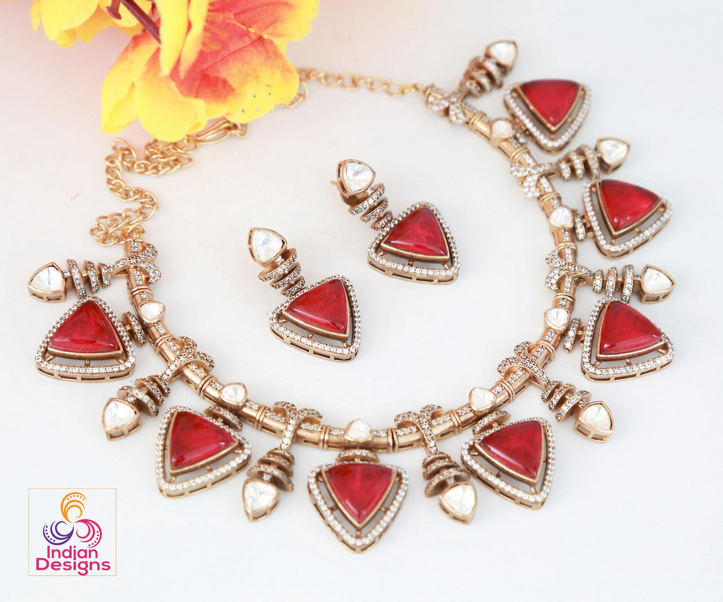Pink Doublet and Moissanite Stone Necklace & Earring Set| Victorian Gold Purple Kundan Sabyasachi Inspired Jewelry| Statement necklace set
