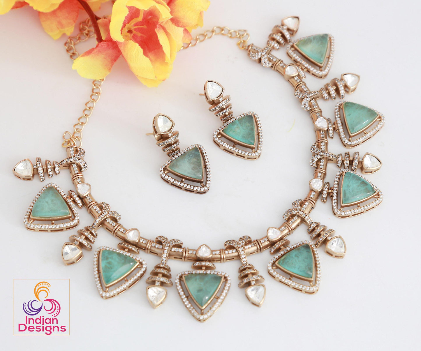 Pink Doublet and Moissanite Stone Necklace & Earring Set| Victorian Gold Purple Kundan Sabyasachi Inspired Jewelry| Statement necklace set