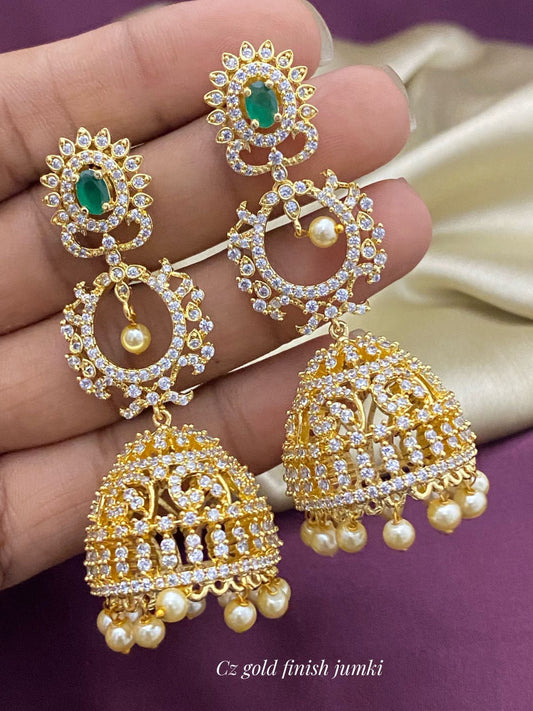 Gold Jhumka with Pearl drops | American Diamond Bridal Jhumki Earrings | Party wear Gold Plated long Jhumka design | Indian Wedding Jhumkas