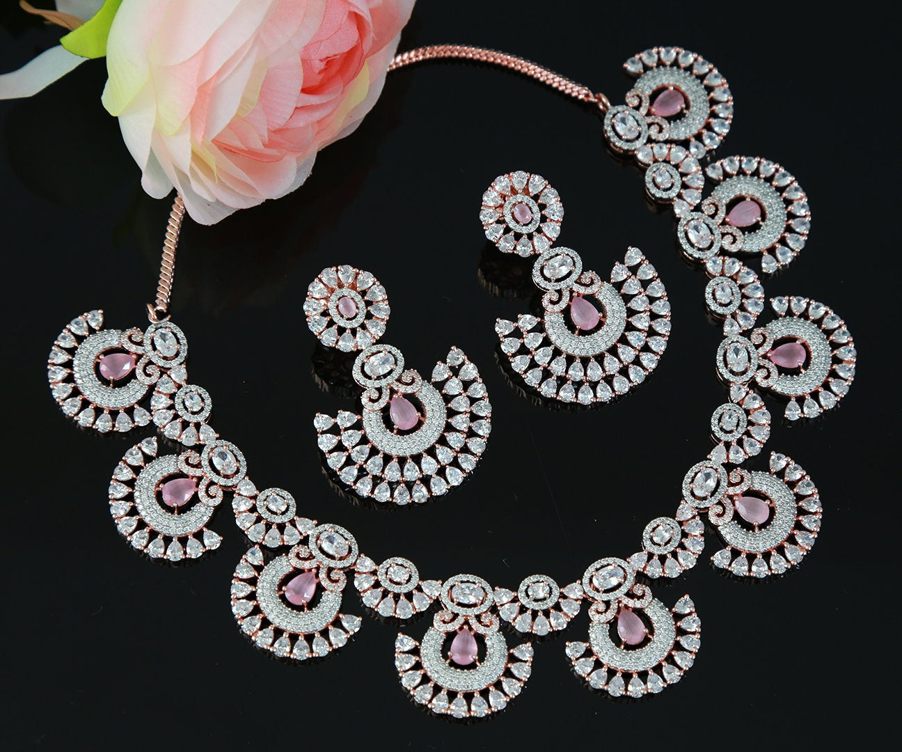 Rose Gold American diamond necklace set | Indian wedding jewelry for bride | Mint green statement necklace | Golden diamond circle necklace