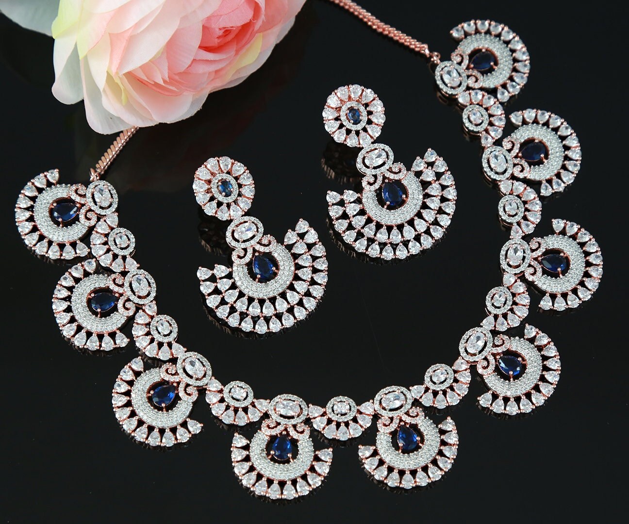 Rose Gold American diamond necklace set | Indian wedding jewelry for bride | Mint green statement necklace | Golden diamond circle necklace