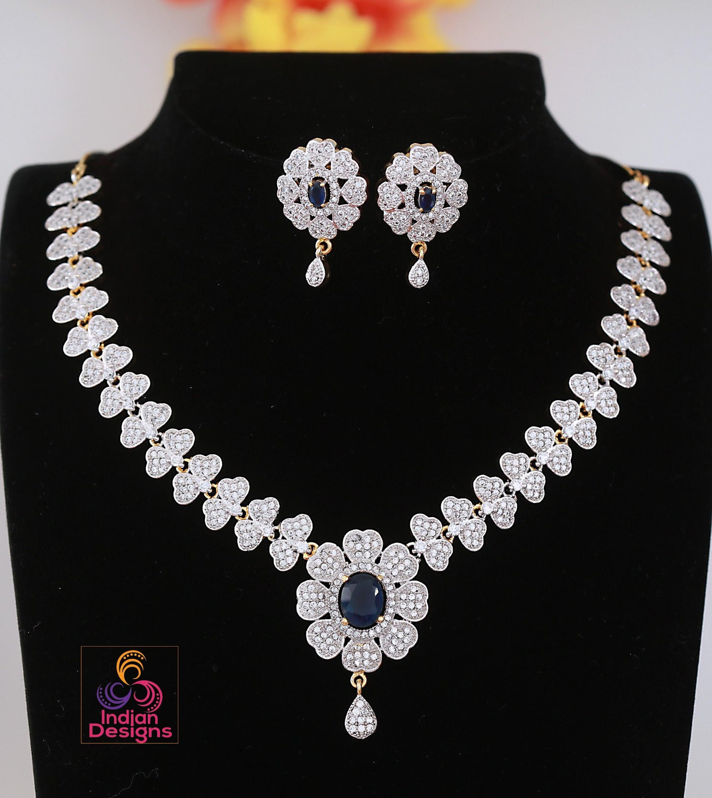 White CZ Floral Necklace with Blue Stone Center| Indian Choker Necklace Set| American Diamond Jewelry| Party Wear Earrings Set| Gift for her