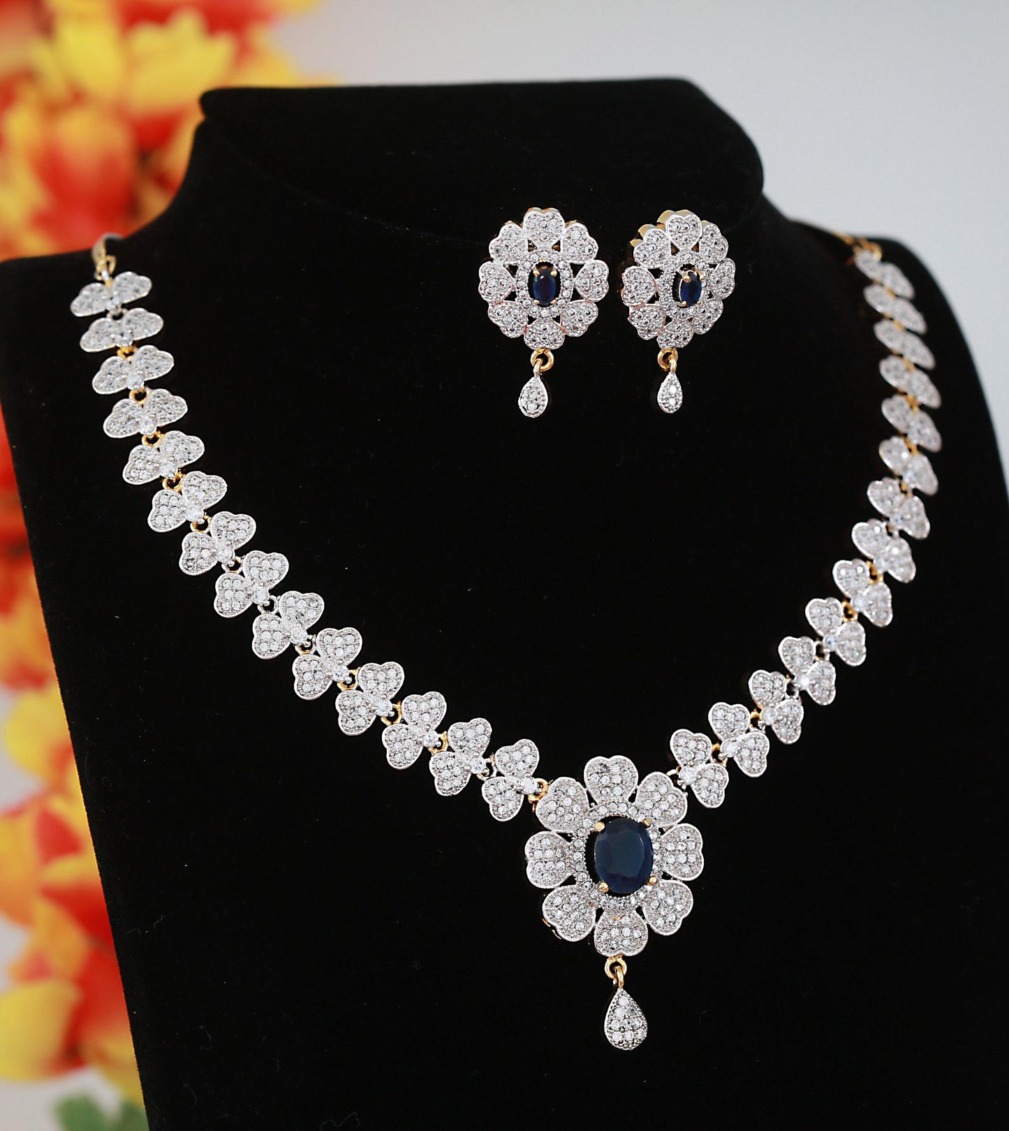 White CZ Floral Necklace with Blue Stone Center| Indian Choker Necklace Set| American Diamond Jewelry| Party Wear Earrings Set| Gift for her