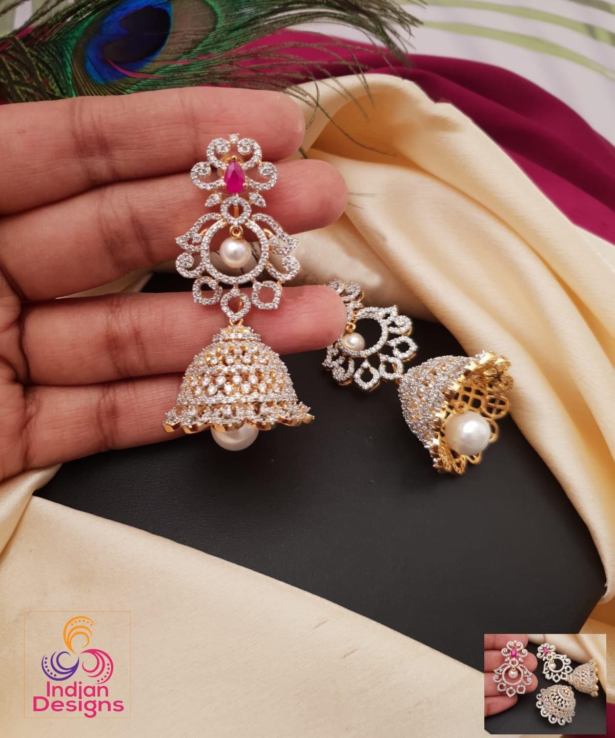 American Diamond Jhumka Earrings| CZ Stone Pearl Drop Jhumka Jhumki| 18K Gold Plated Long Indian Earrings by Indian Designs Gift for her