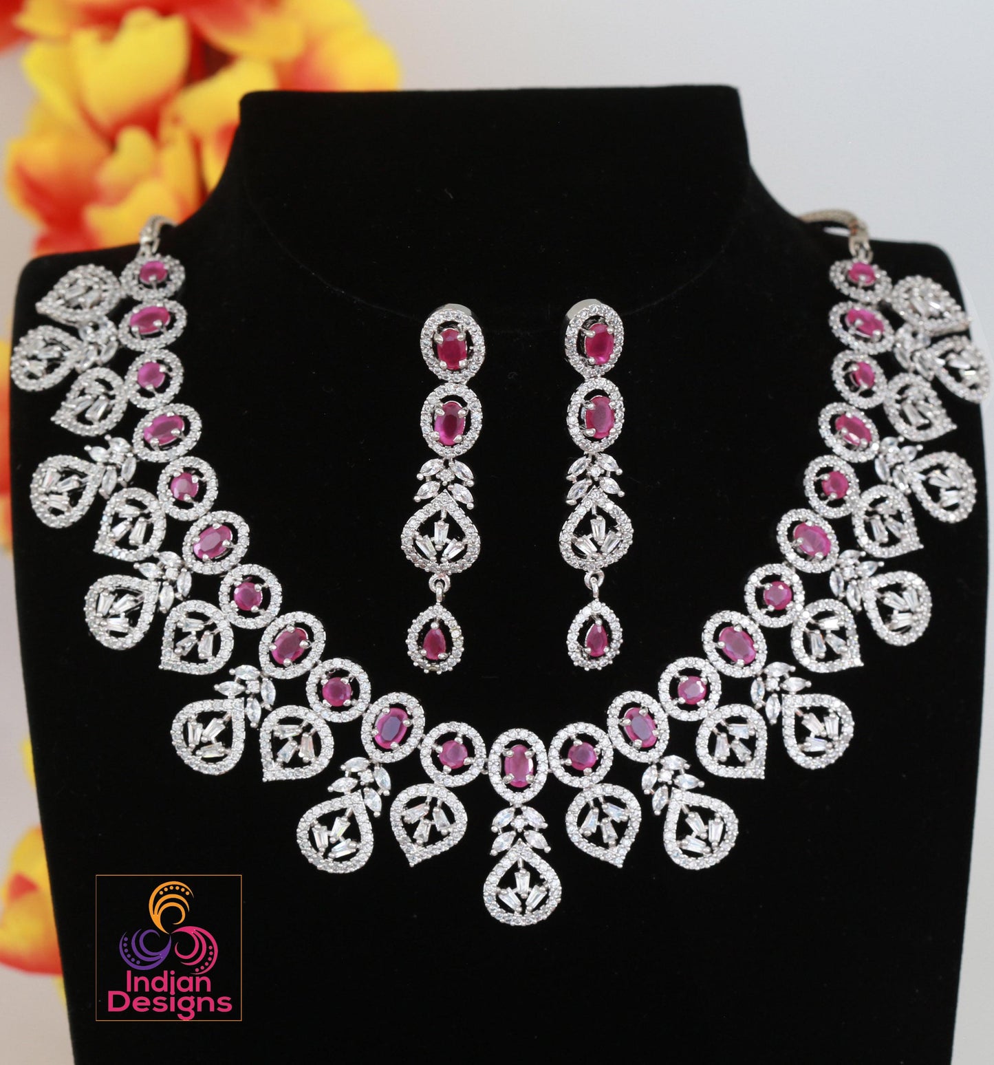 Ruby CZ Stone Silver Necklace Set with Long Earrings| AD Bridal Choker Set| Indian Wedding Jewelry| Party Wear Necklace Set| Gift for her