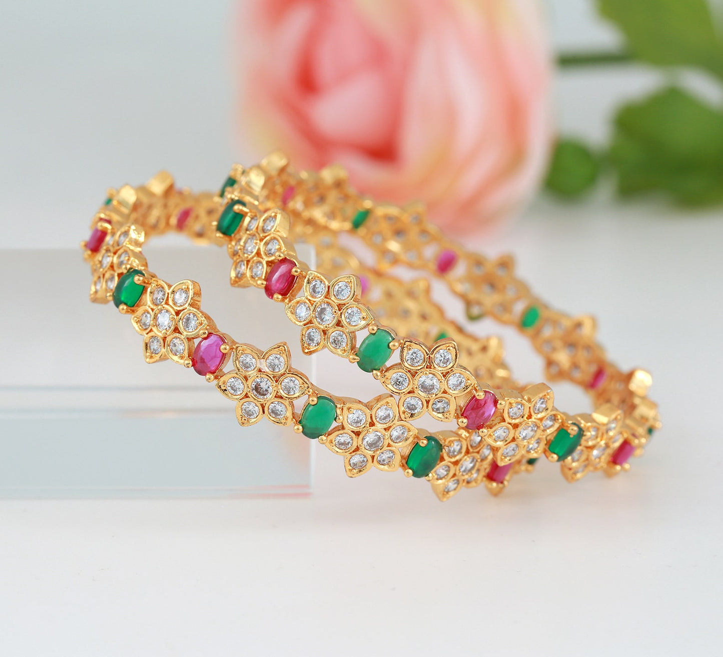 Emerald and Ruby stone American Diamond Bangles | Gold plated CZ Floral bangles | Multi color crystal bangles | designer bangles for ladies