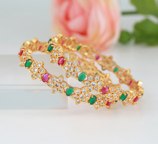 Emerald and Ruby stone American Diamond Bangles | Gold plated CZ Floral bangles | Multi color crystal bangles | designer bangles for ladies