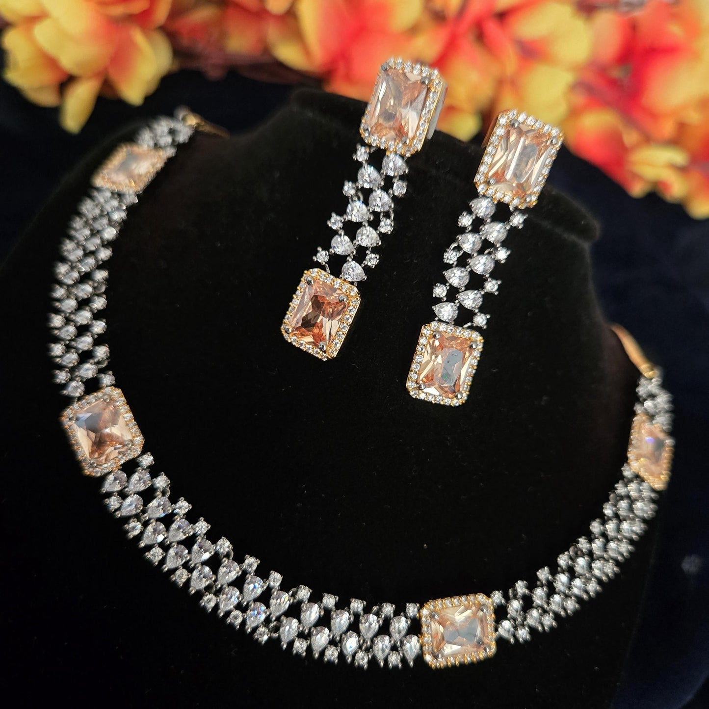 American Diamond Oxidized Tone Necklace Set with Earrings| Emerald-Cut CZ Stations| Rhodium/Gold Two-Tone| Clear or Champagne Bridal Jewelry