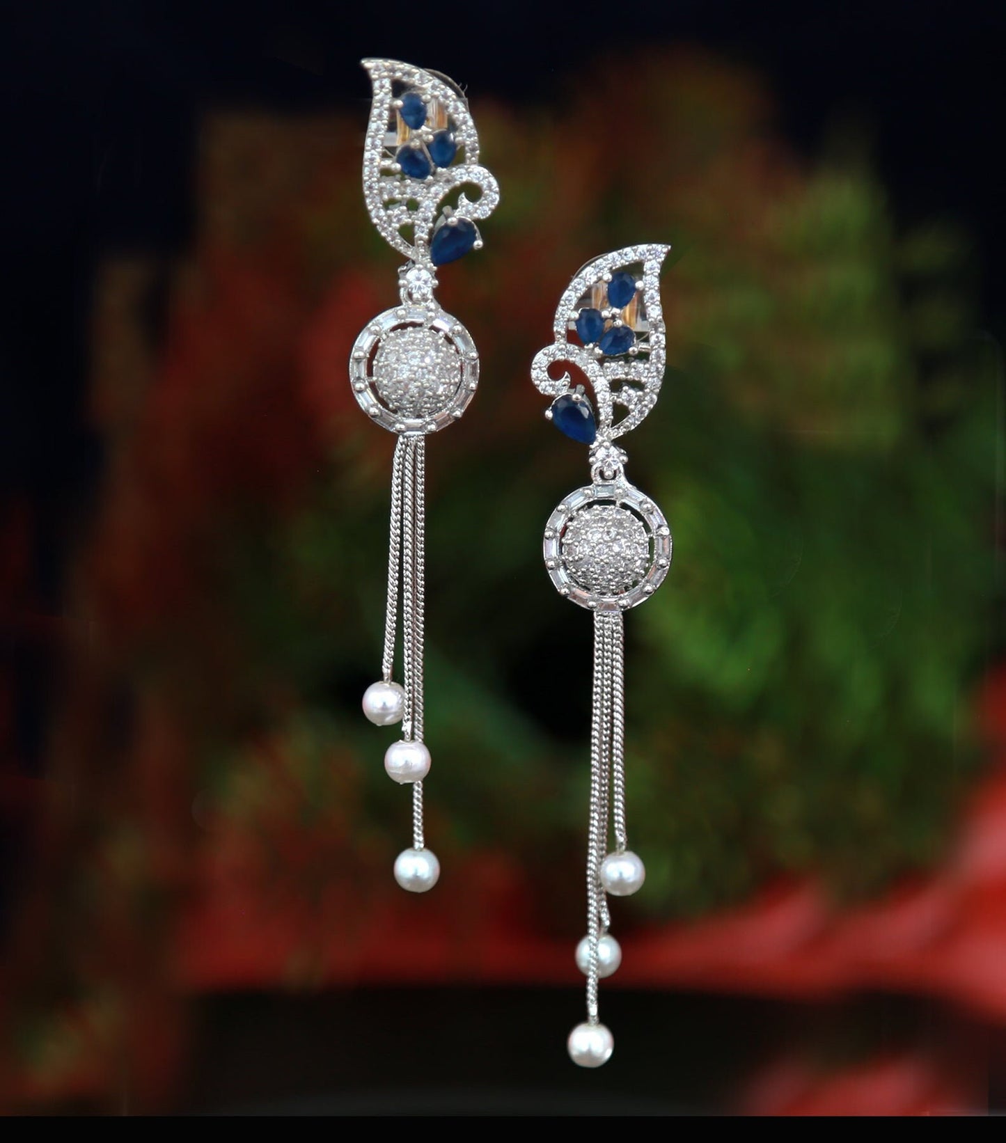 Rhodium Plated American Diamond Tassel Earrings| Leaf Top with Pearl Drops| Green/Black Stone Long Danglers| Party wear EarringsGift for her