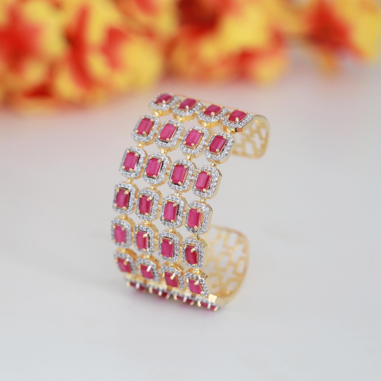 Gold-Plated Cuff Bracelet with Intricate Diamond-Cut Design| Elegant Open Bangle for Women| Statement Fashion Bangle| Luxury CZ Gold Bangle