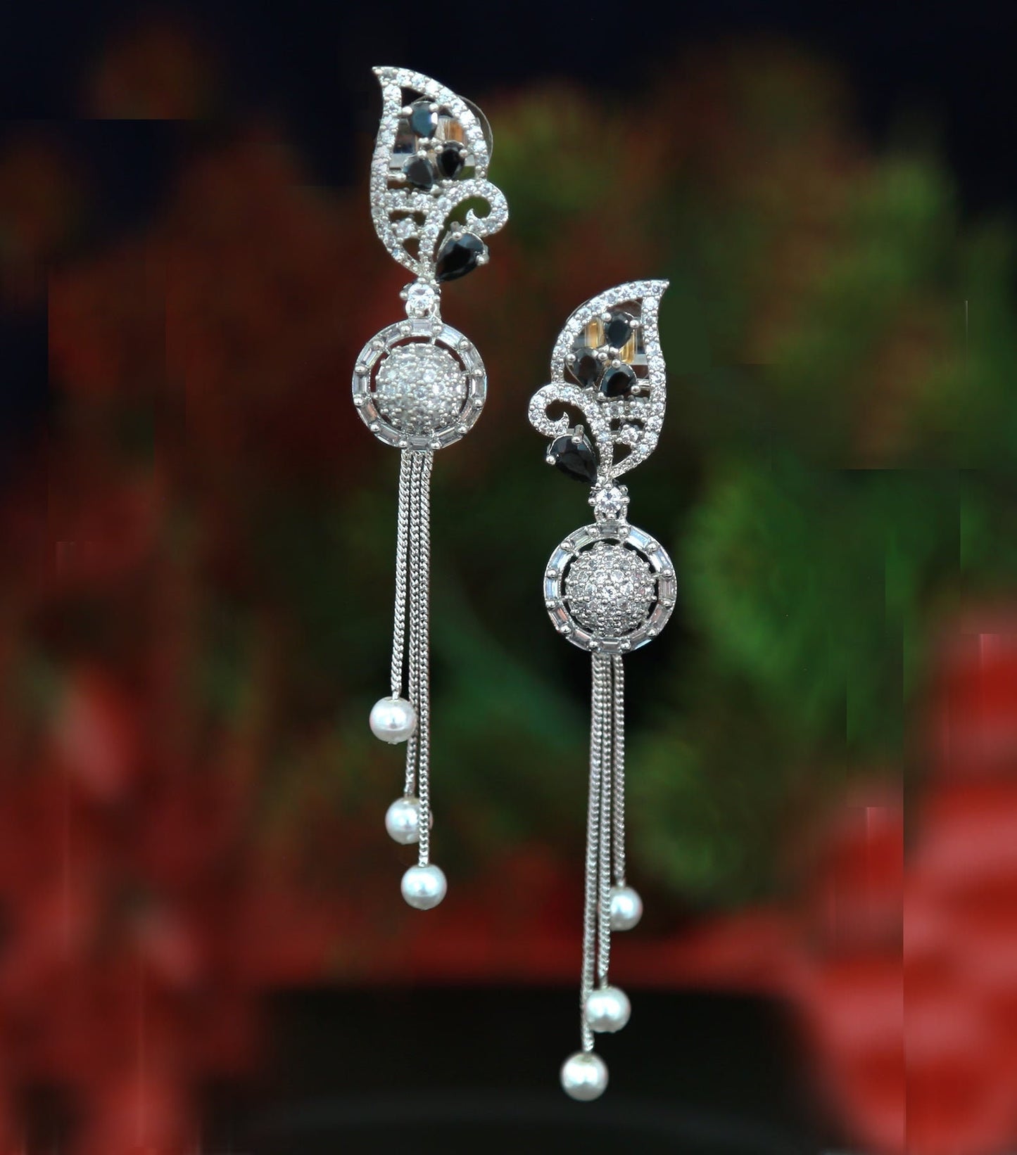 Rhodium Plated American Diamond Tassel Earrings| Leaf Top with Pearl Drops| Green/Black Stone Long Danglers| Party wear EarringsGift for her