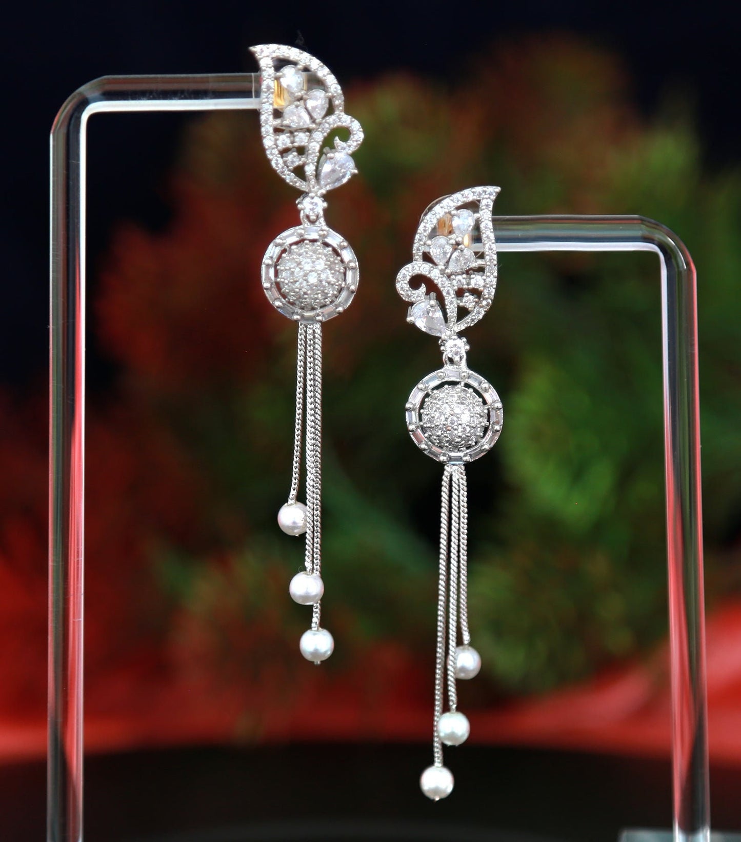 Rhodium Plated American Diamond Tassel Earrings| Leaf Top with Pearl Drops| Green/Black Stone Long Danglers| Party wear EarringsGift for her