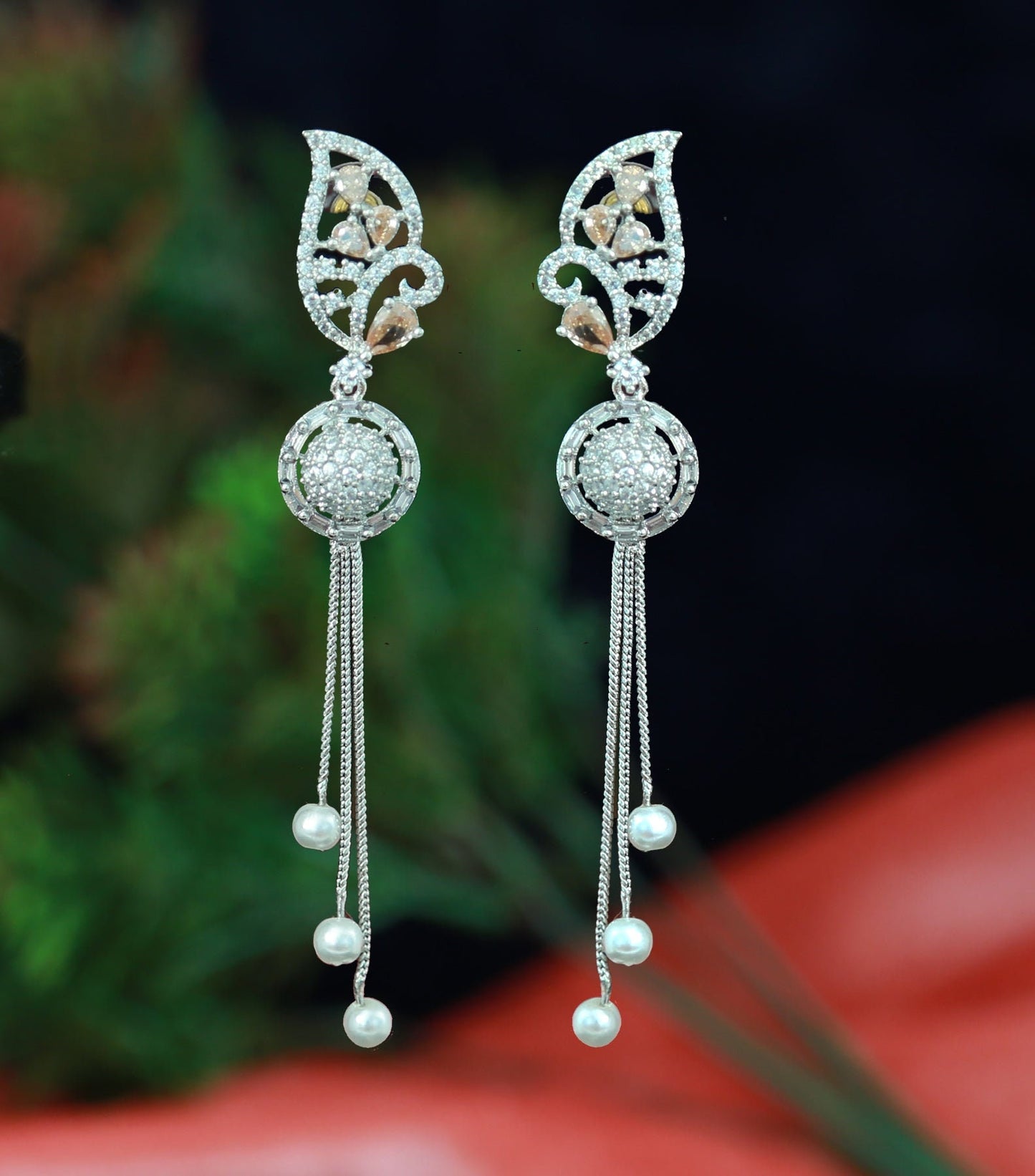 Rhodium Plated American Diamond Tassel Earrings| Leaf Top with Pearl Drops| Green/Black Stone Long Danglers| Party wear EarringsGift for her